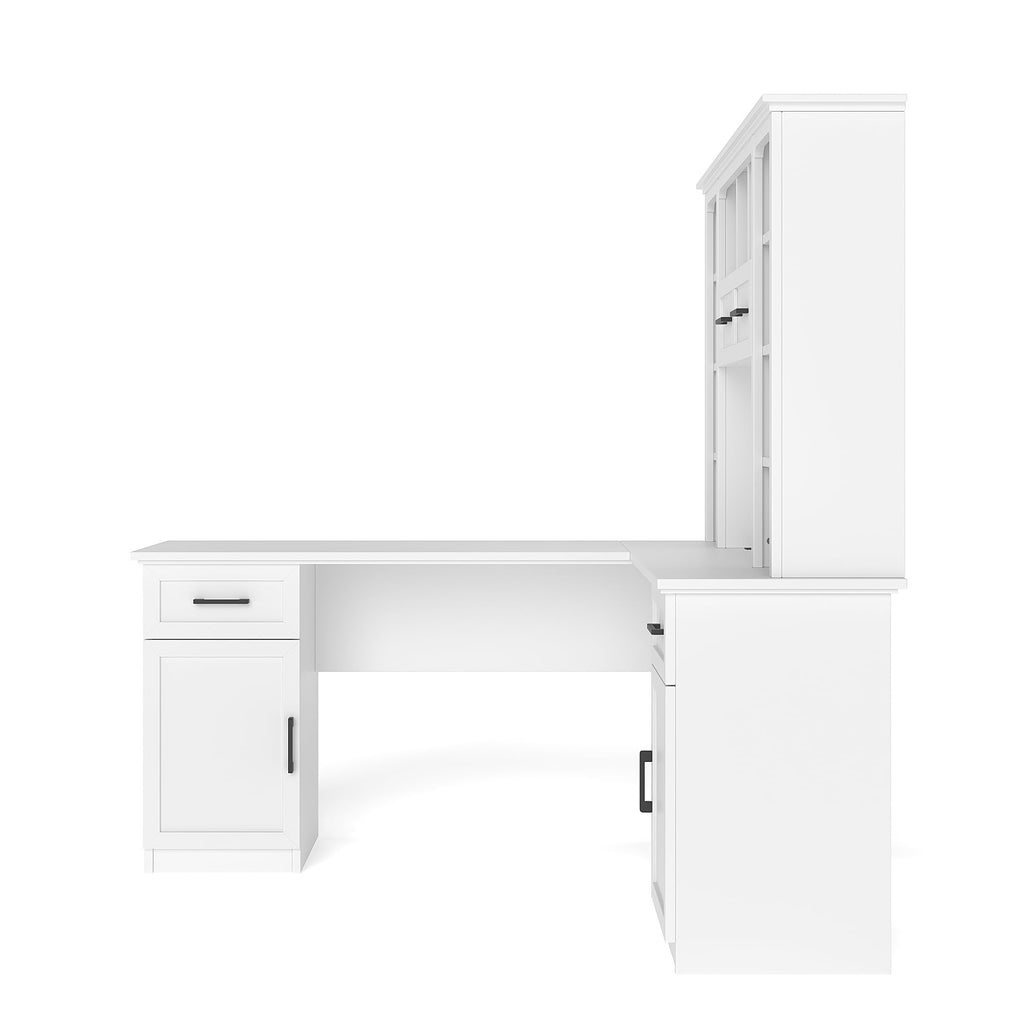 65 Inch White L Shaped Computer Desk with Hutch and Drawers T3293