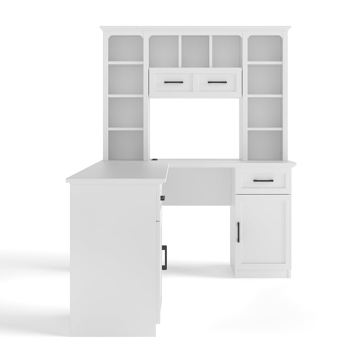65 Inch White L Shaped Computer Desk with Hutch and Drawers T3293