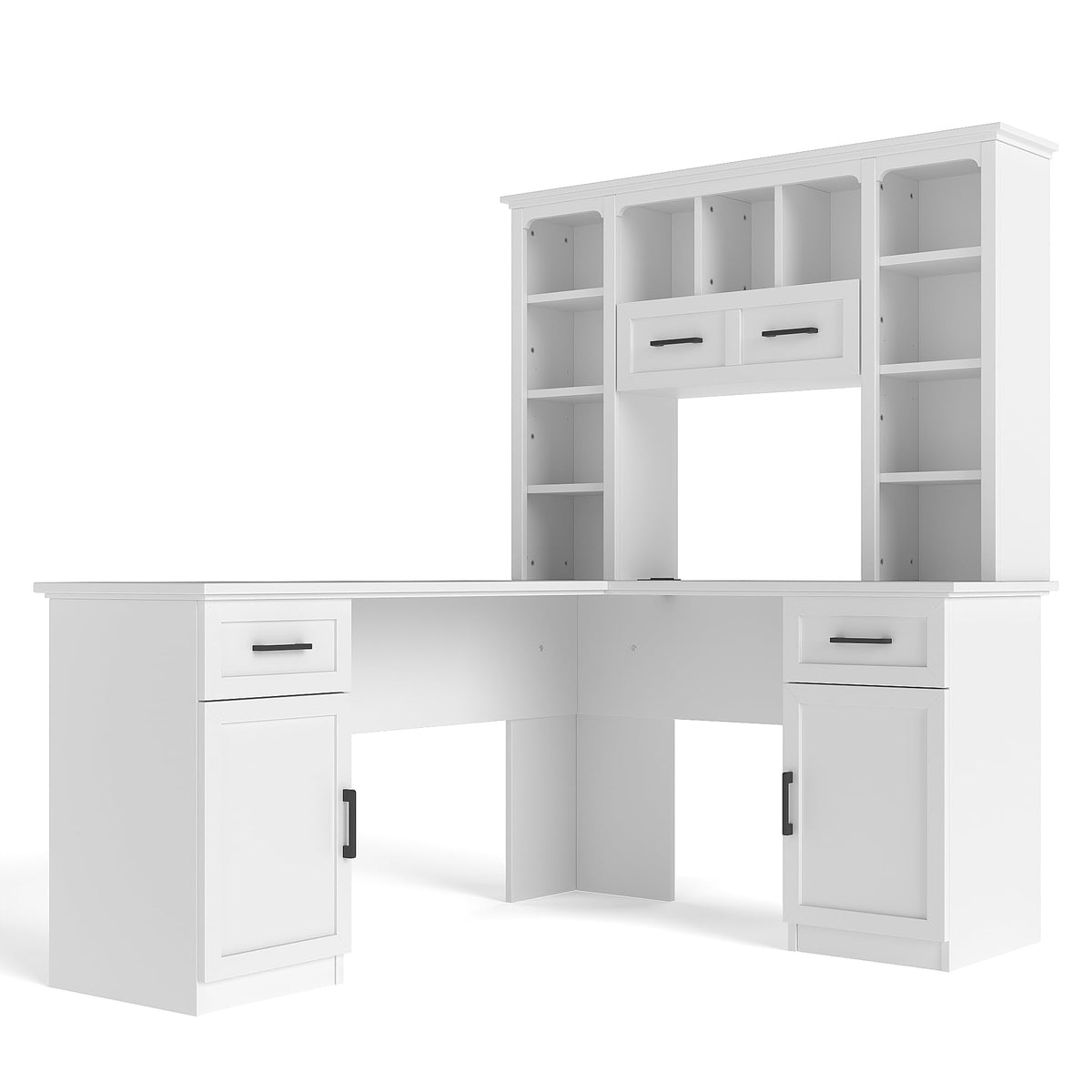 65 Inch White L Shaped Computer Desk with Hutch and Drawers T3293