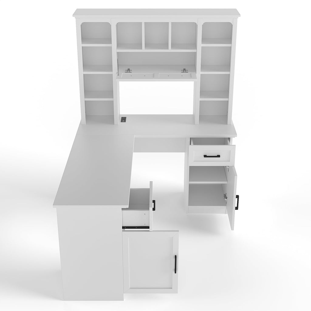 65 Inch White L Shaped Computer Desk with Hutch and Drawers T3293