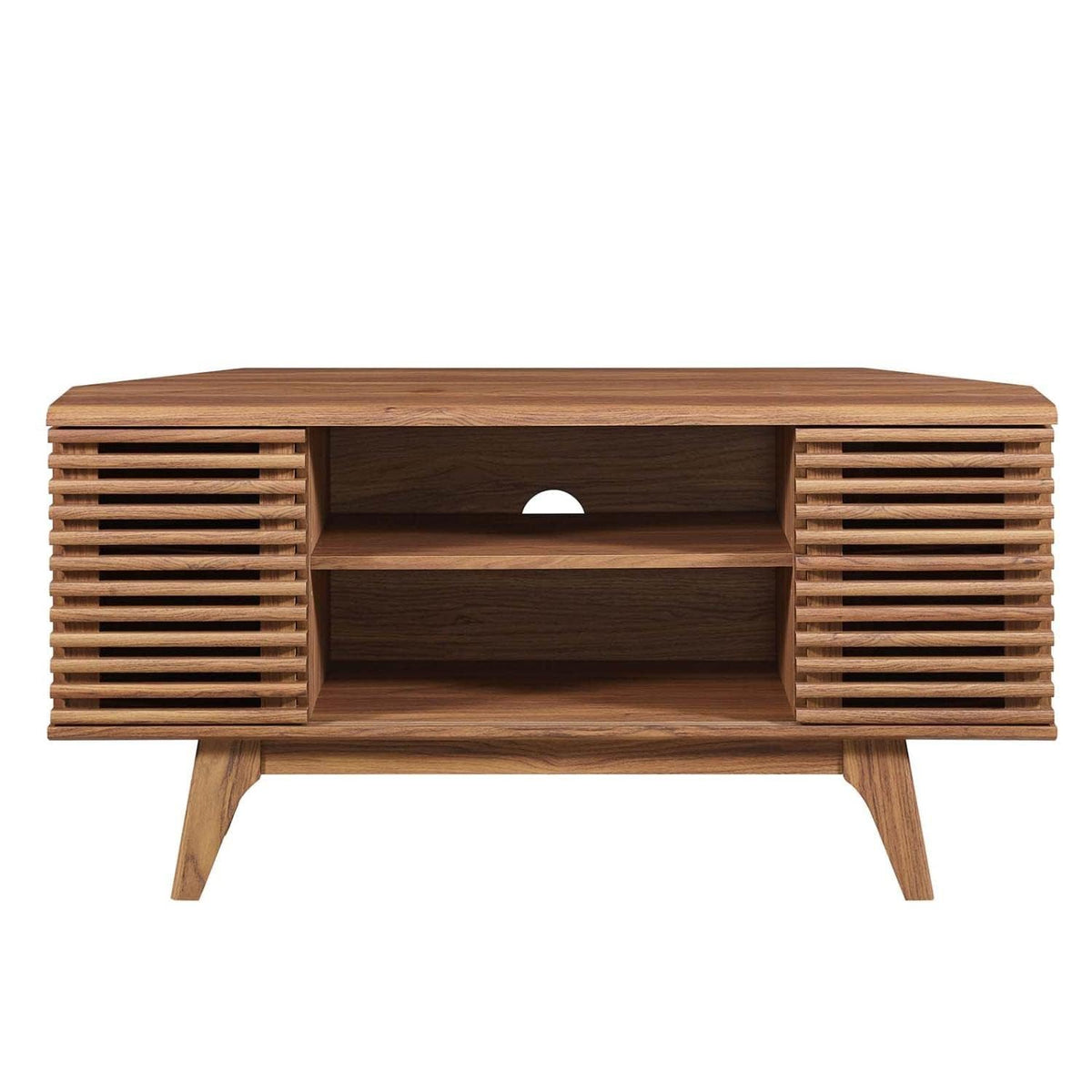 46 in Walnut Corner TV Stand with Sliding Doors I7093