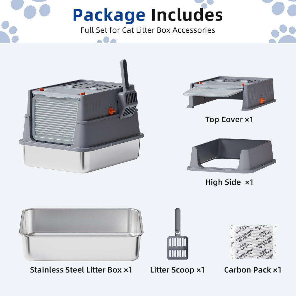 Stainless Steel Covered Cat Litter Box with High Sides H2668