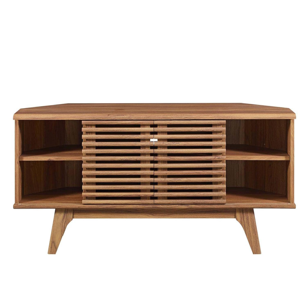 46 in Walnut Corner TV Stand with Sliding Doors I7093