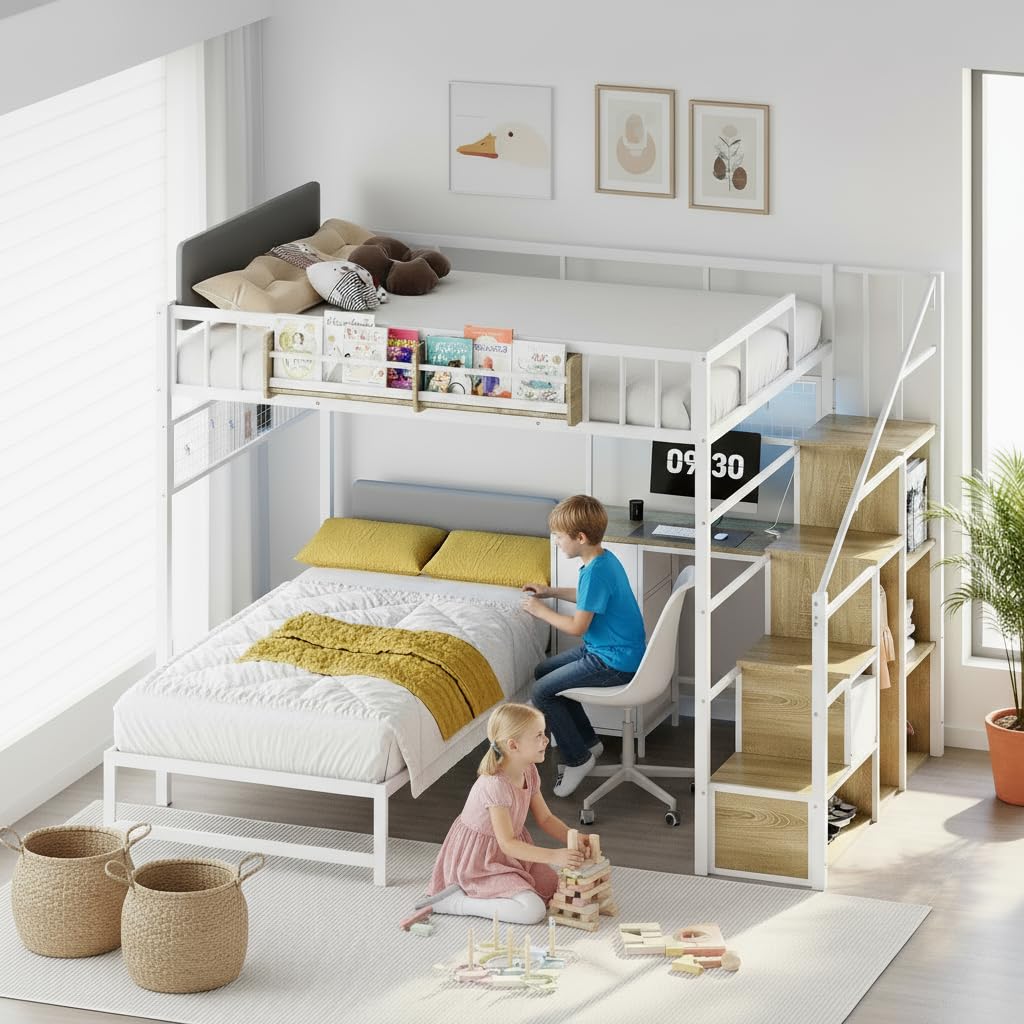 Full Over Twin L-Shaped Metal Loft Bunk Bed with Desk, Stairs, Drawers, Shelves, Charging Station and LED Light I289