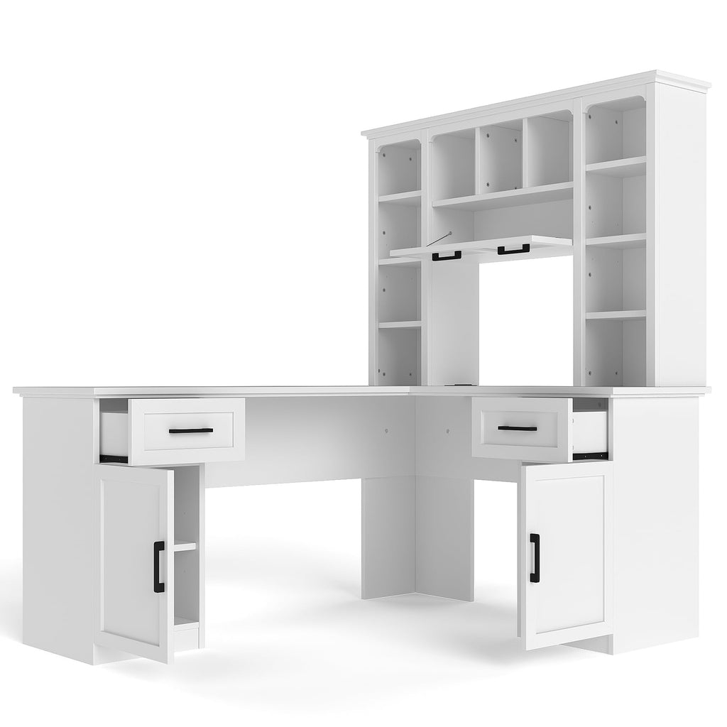 65 Inch White L Shaped Computer Desk with Hutch and Drawers T3293