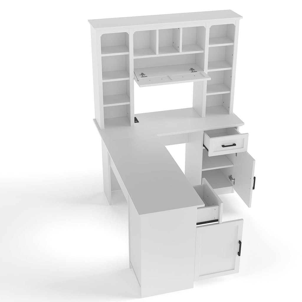 65 Inch White L Shaped Computer Desk with Hutch and Drawers T3293