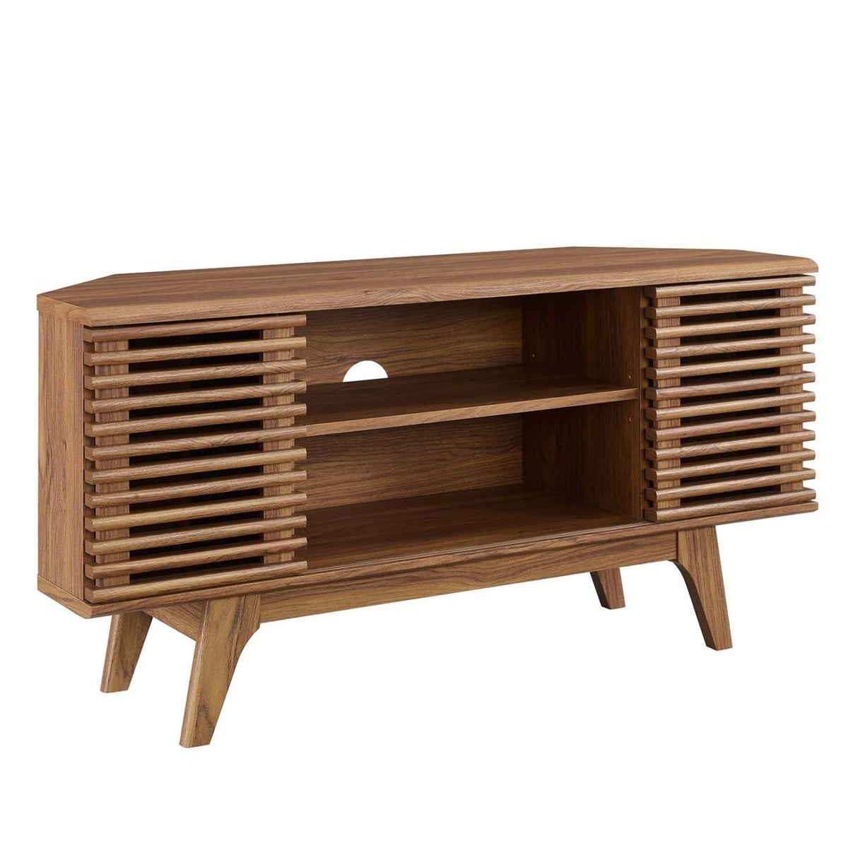 46 in Walnut Corner TV Stand with Sliding Doors I7093