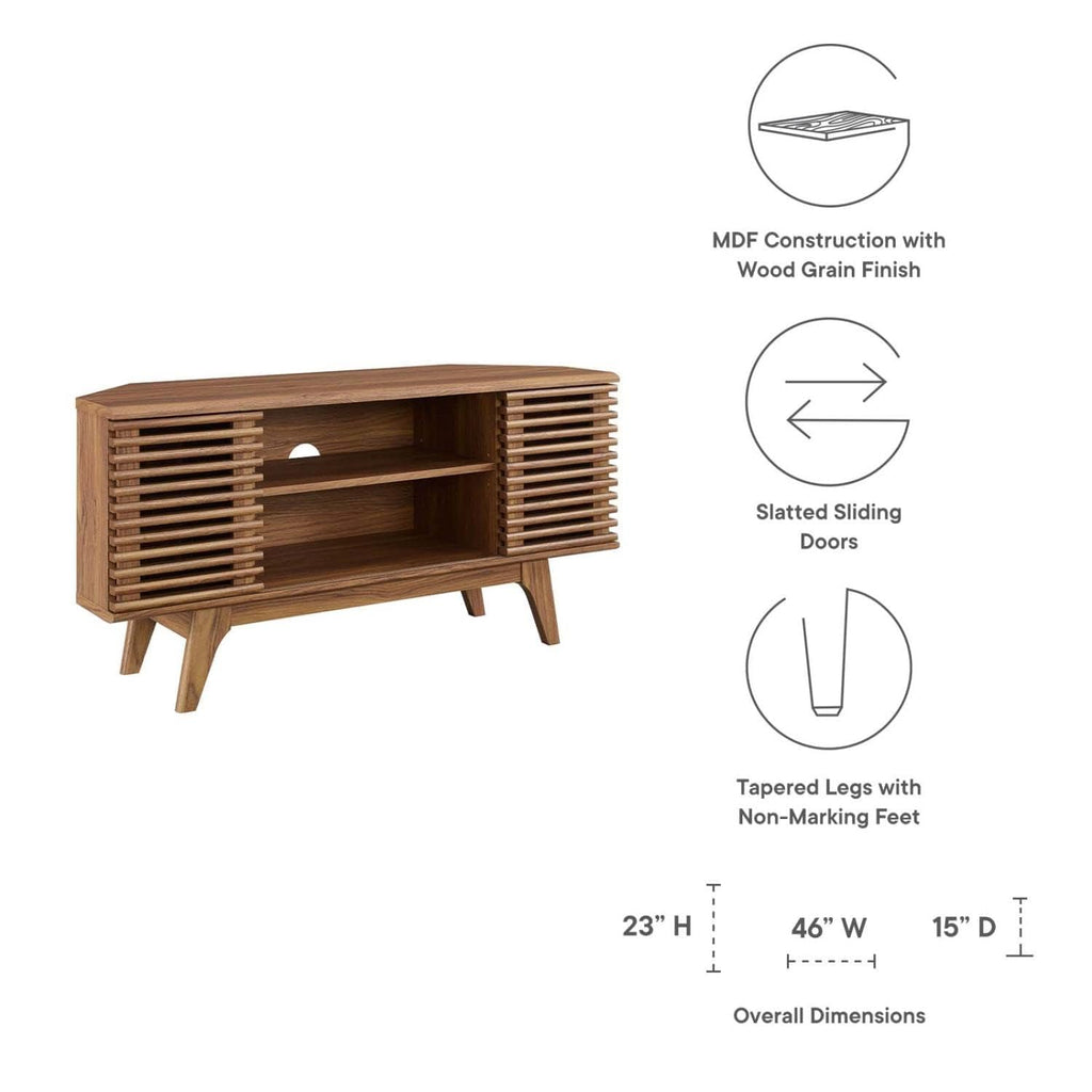46 in Walnut Corner TV Stand with Sliding Doors I7093
