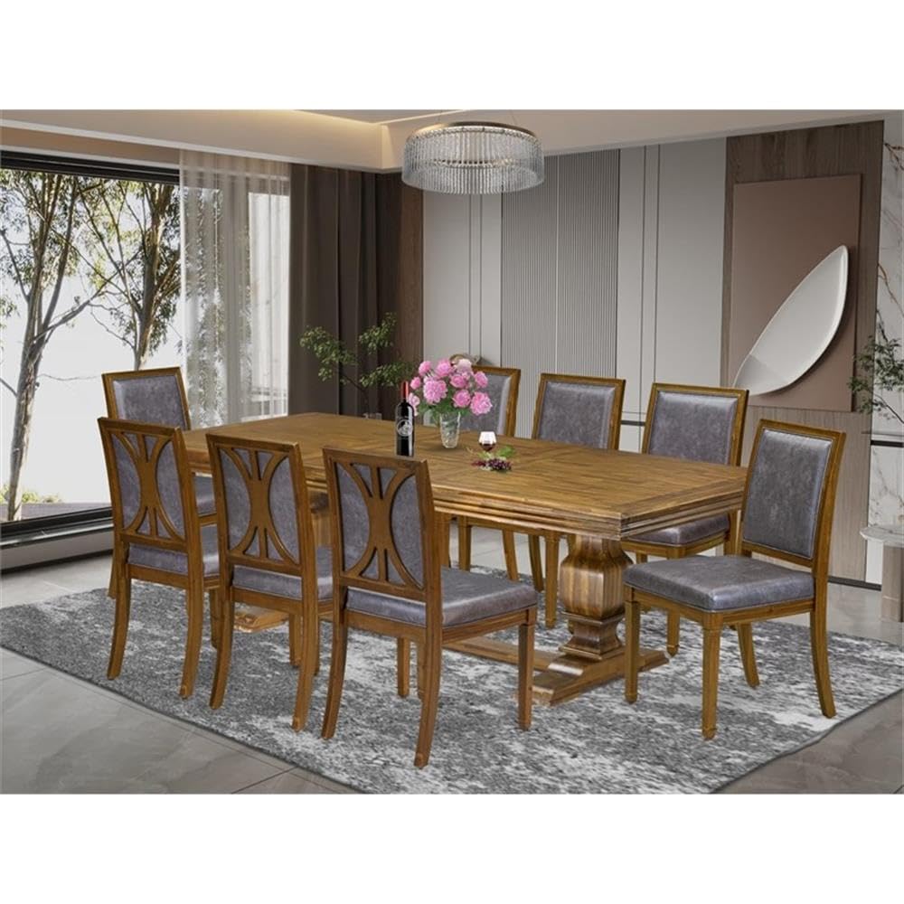 9-Piece Acacia Wood Dining Table Set with 8 Dark Grey PU Leather Chairs S89015