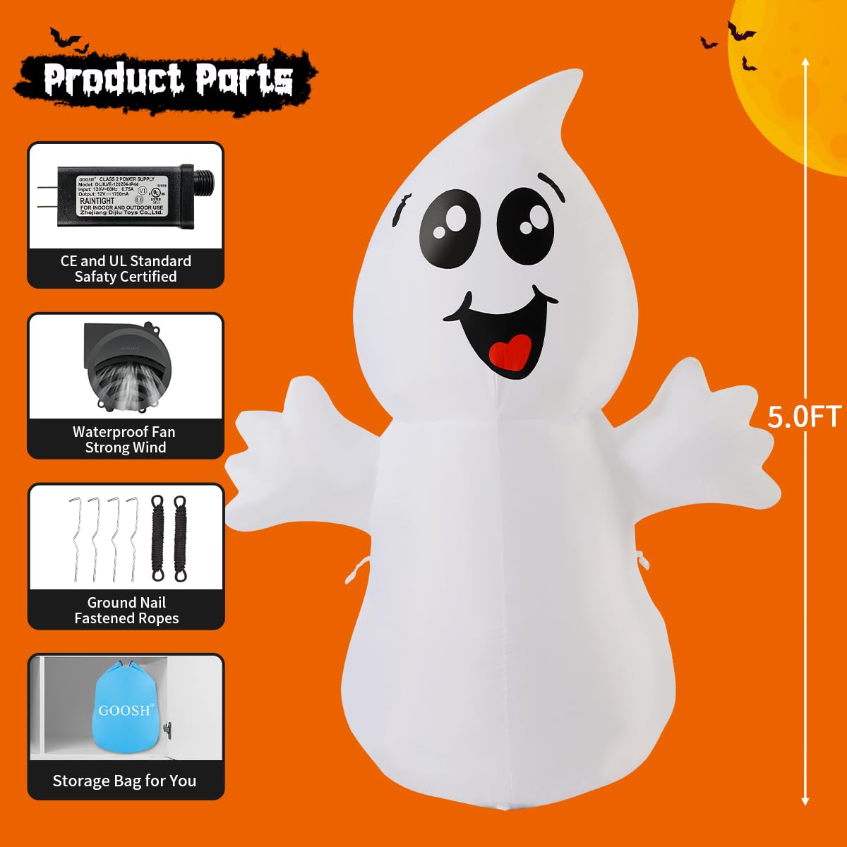 5 FT Inflatable Ghost Outdoor Decoration with Built-in LEDs B412789