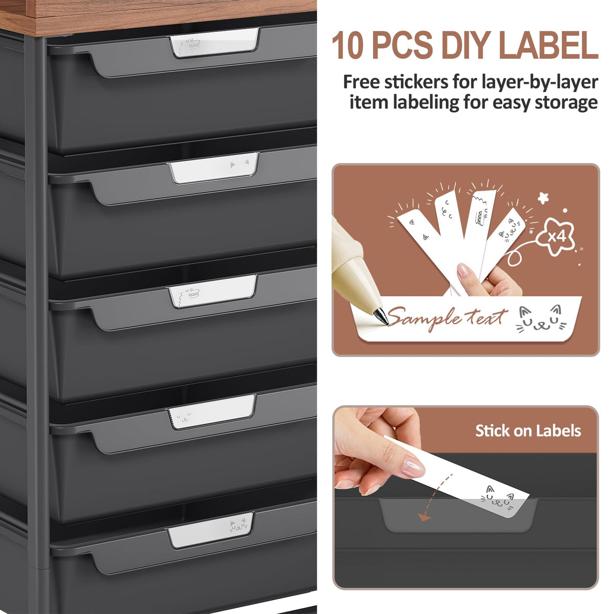 10 Drawer Rolling Storage Cart with Wooden Tabletop K55380