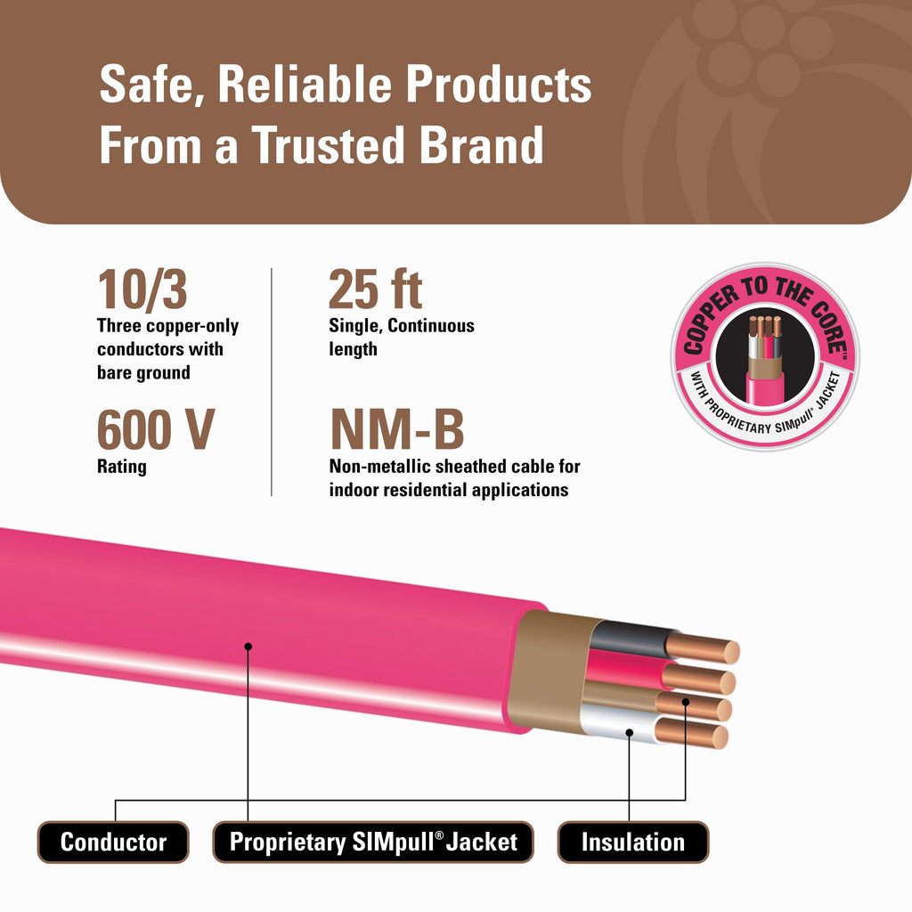 10 Gauge 3 Conductor 25Ft Pink Residential Wire O961459