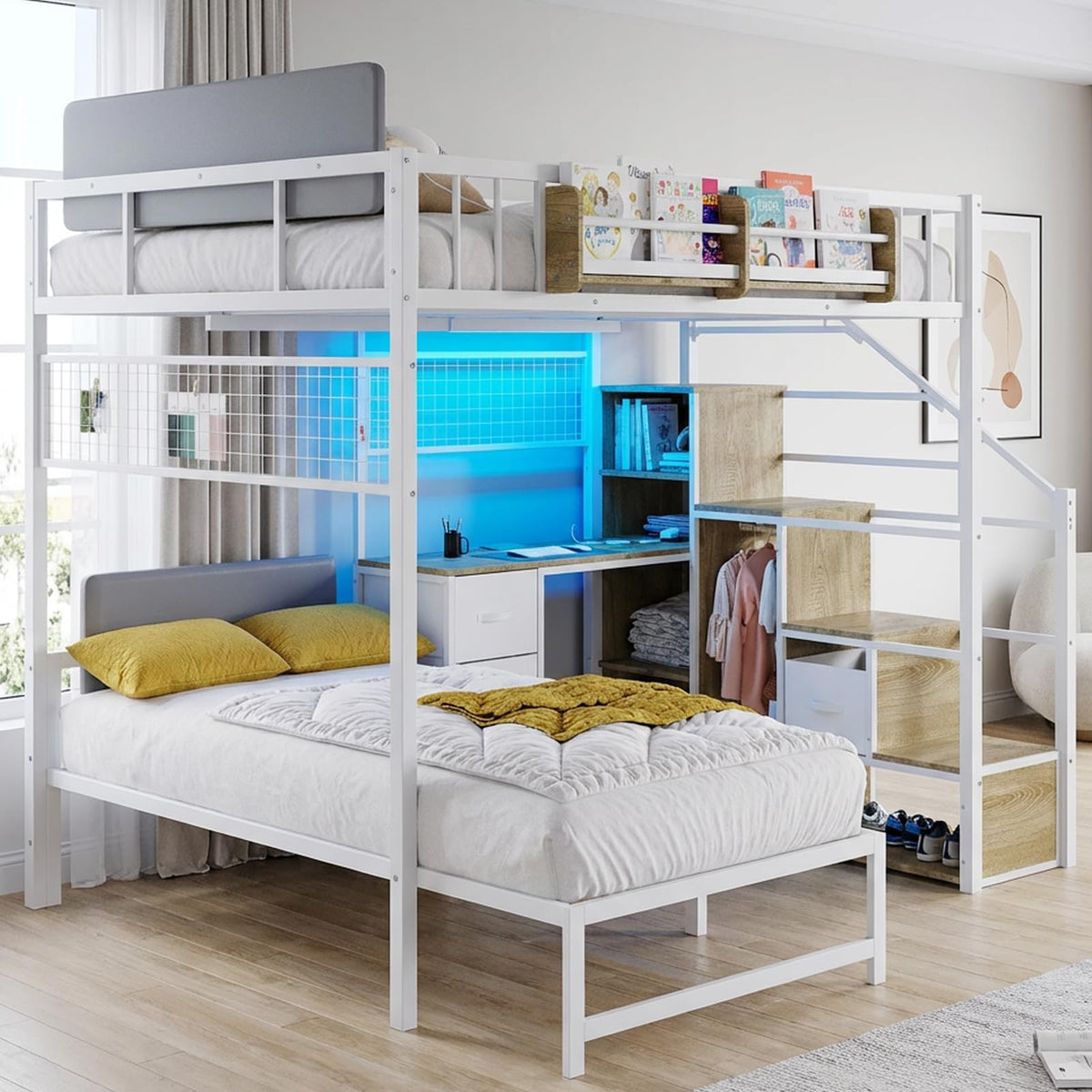 Full Over Twin L-Shaped Metal Loft Bunk Bed with Desk, Stairs, Drawers, Shelves, Charging Station and LED Light I289