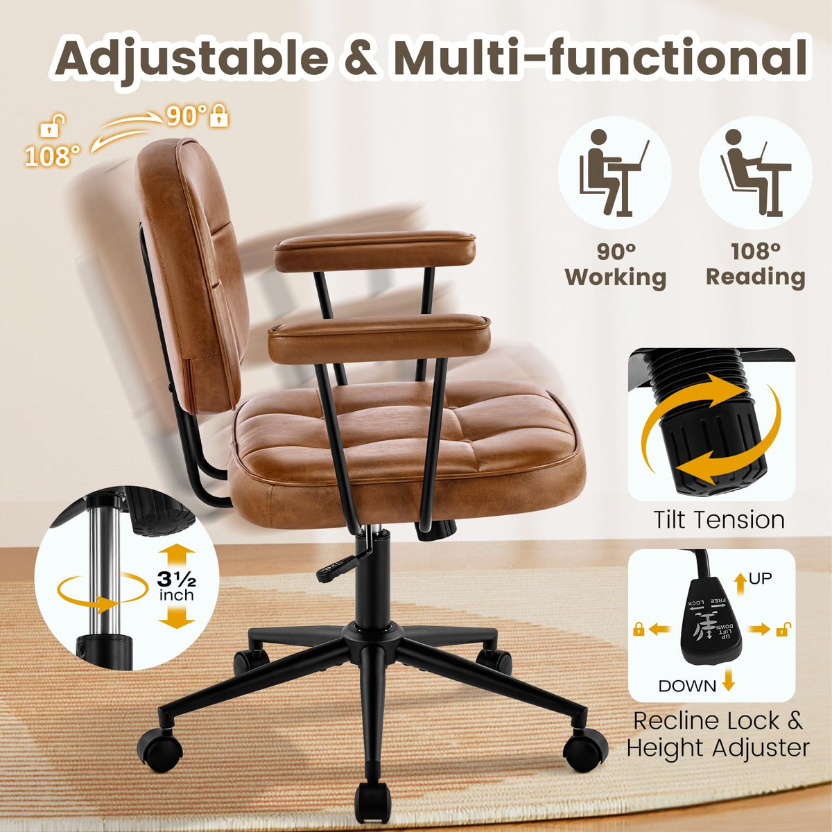 Brown Leather Office Chair with Wheels K299295
