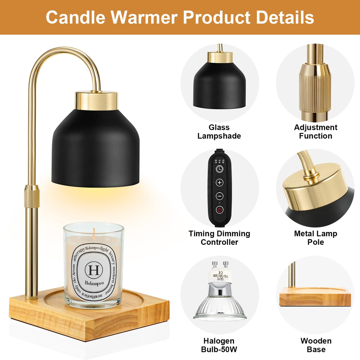 Adjustable Dimmable Electric Candle Warmer Lamp with Timer U727