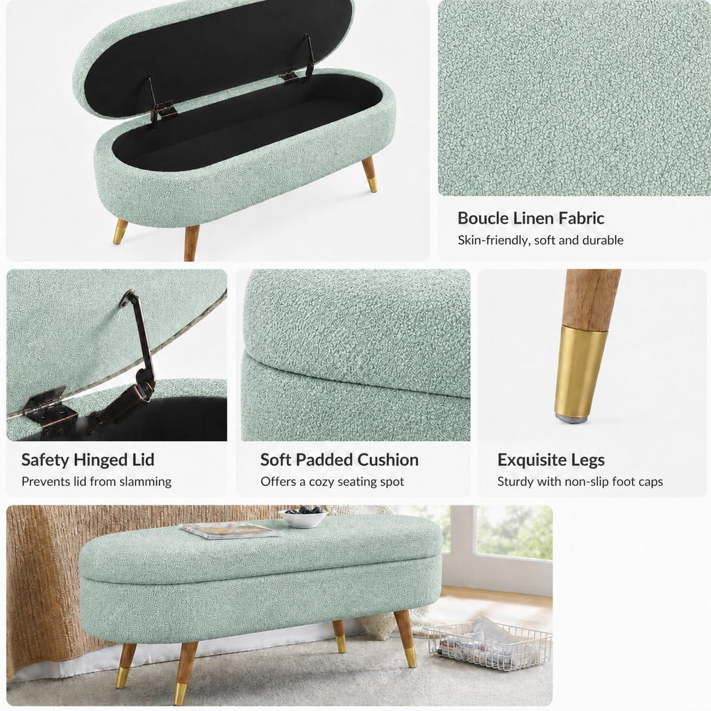 Cream Oval Boucle Storage Ottoman with Wooden Legs W7001