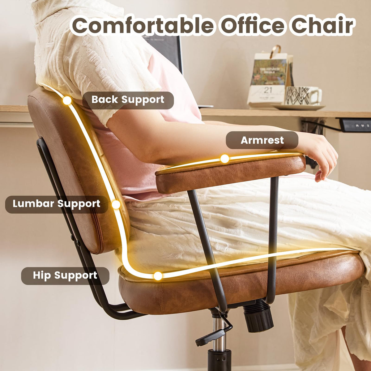 Brown Leather Office Chair with Wheels K299295