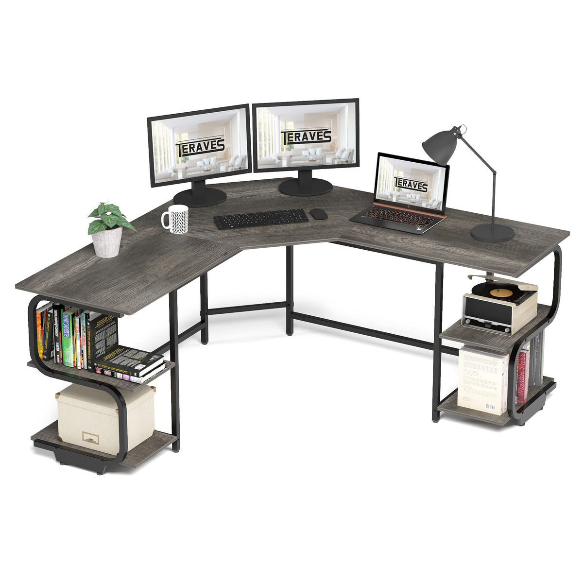 L Shaped Desk with Shelves B9690