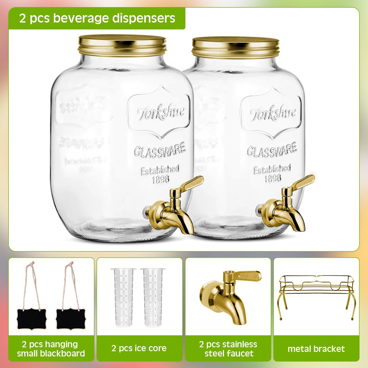 2 Pcs 2 Gallon Glass Drink Dispenser with Stand X43629