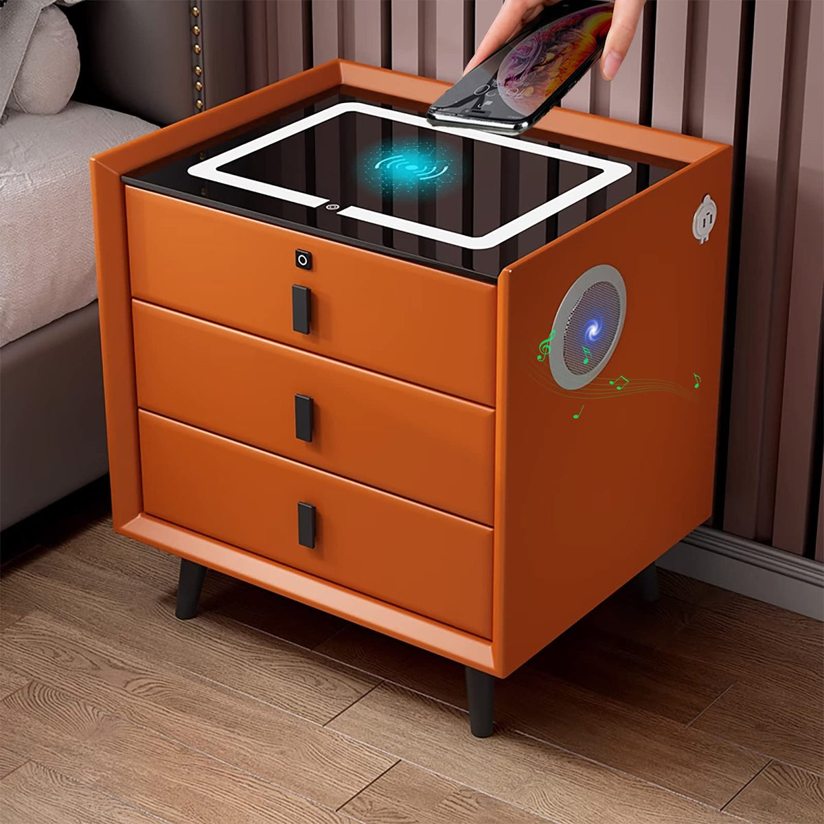 Orange 3 Drawer Wooden Nightstand with Wireless Charging V83655