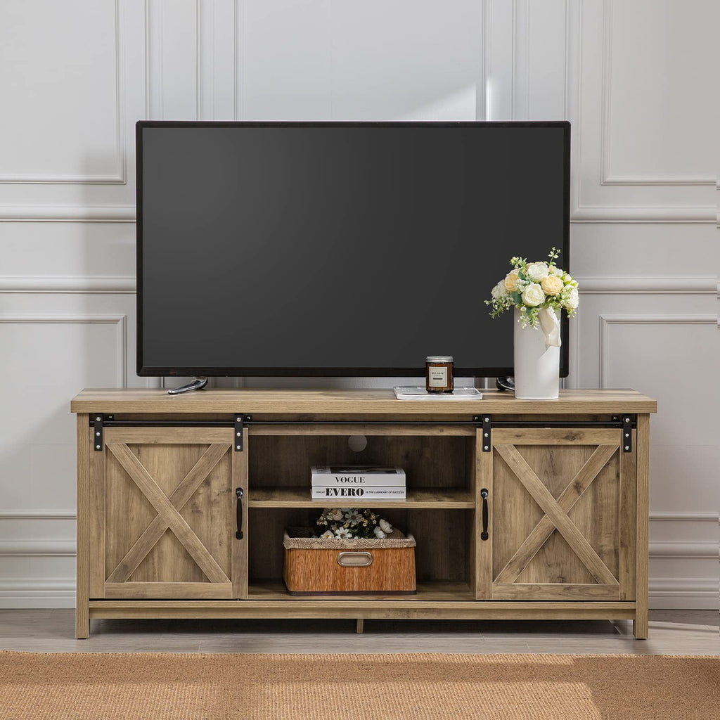Light Grey Farmhouse TV Stand with Sliding Barn Doors Z1560