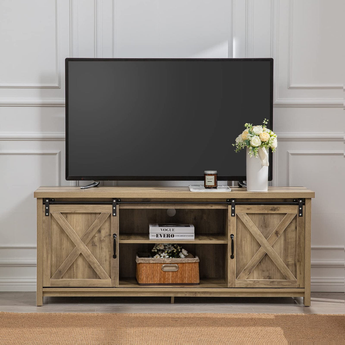 Light Grey Farmhouse TV Stand with Sliding Barn Doors Z1560