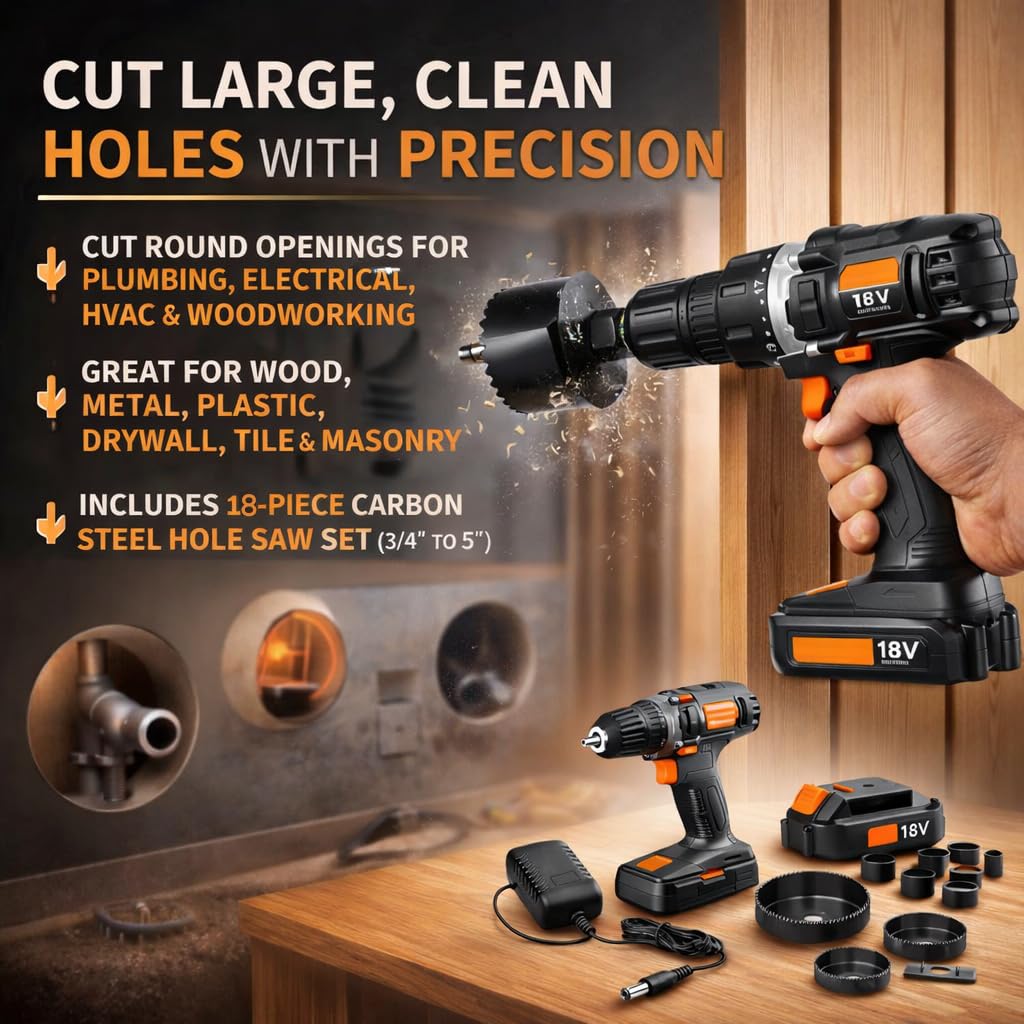 18V Cordless 3/8 in. Drill Driver & Hole Saw Kit with Battery and Charger N85780