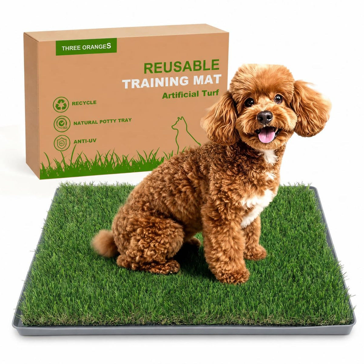 Dog Grass Pad with Tray 20" x 24" Artificial Grass Pee Pads with Non-Slip Grey Silicone Tray & 2 Replacement Grass Mats W569781