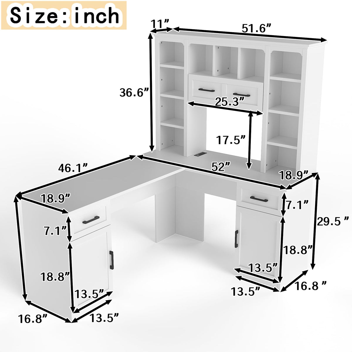 65 Inch White L Shaped Computer Desk with Hutch and Drawers T3293