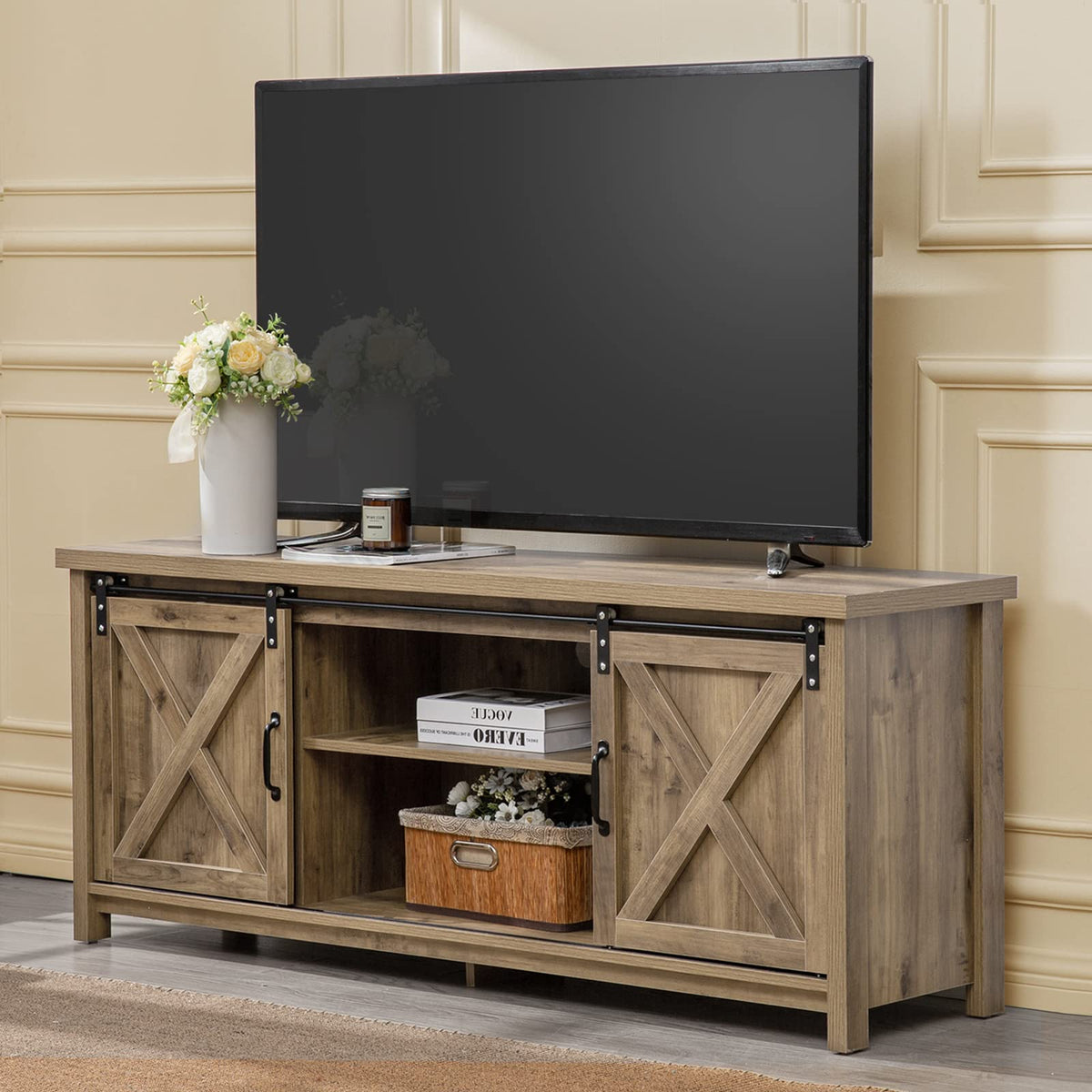 Light Grey Farmhouse TV Stand with Sliding Barn Doors Z1560