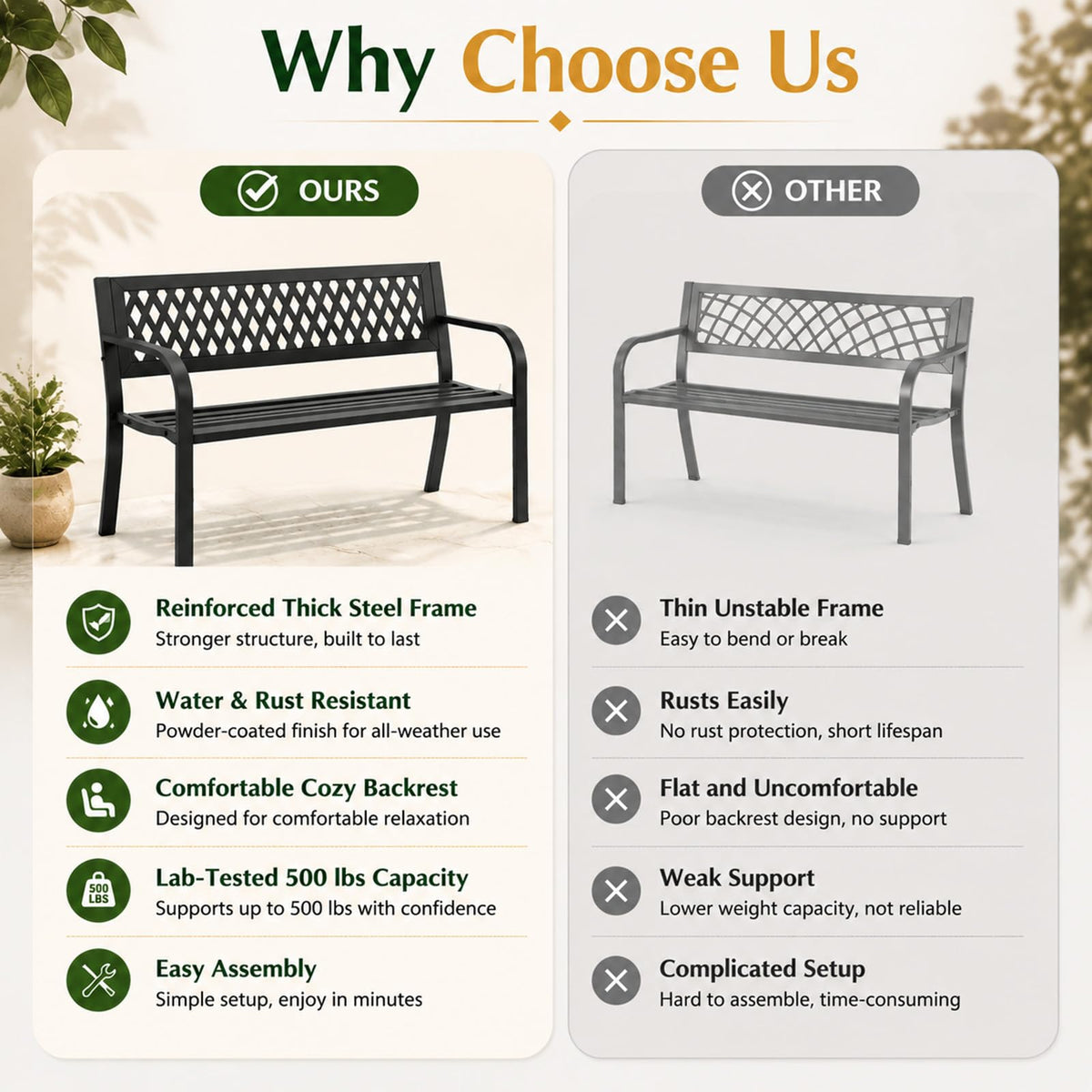 47" Black Outdoor Bench with Backrest B1702