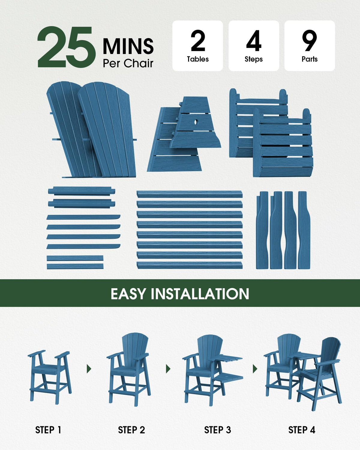 Navy Blue Adirondack Chairs Set of 2 with Table Trays F432