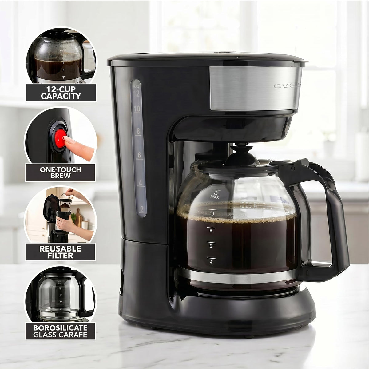 12-Cup Drip Coffee Maker with On/Off Switch, Black C8216