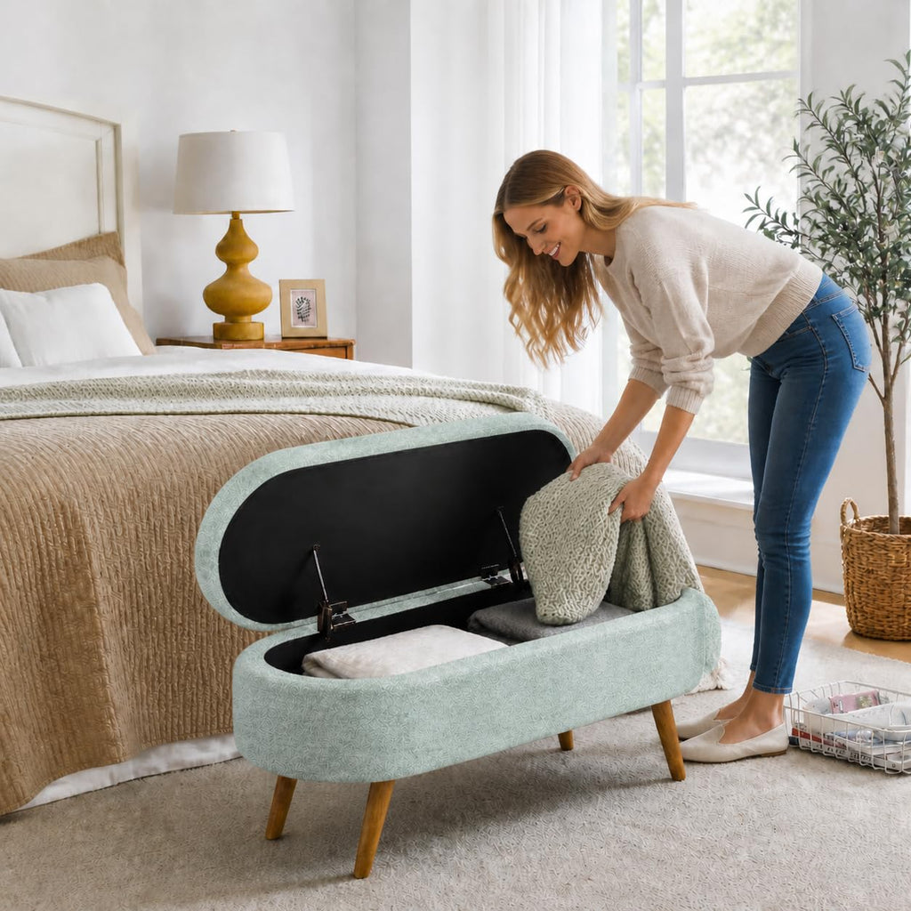Cream Oval Boucle Storage Ottoman with Wooden Legs W7001