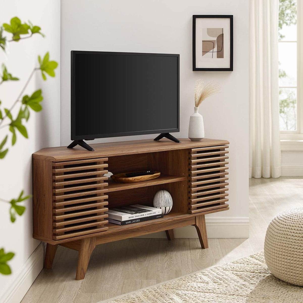 46 in Walnut Corner TV Stand with Sliding Doors I7093