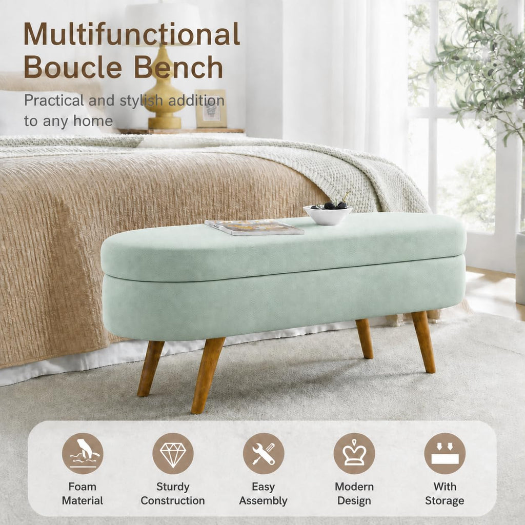 Cream Oval Boucle Storage Ottoman with Wooden Legs W7001