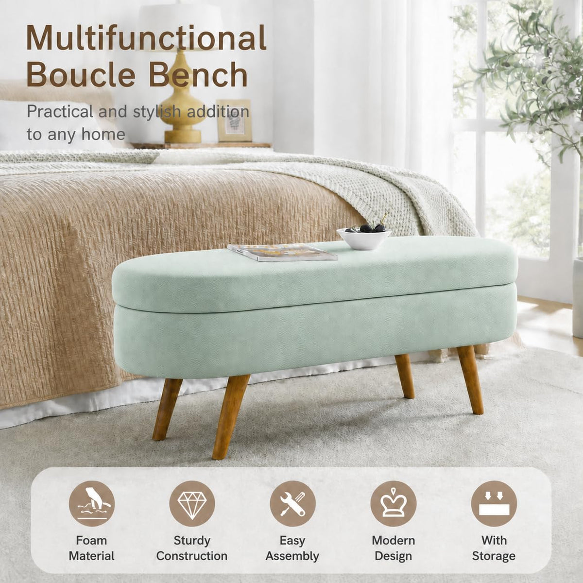 Cream Oval Boucle Storage Ottoman with Wooden Legs W7001