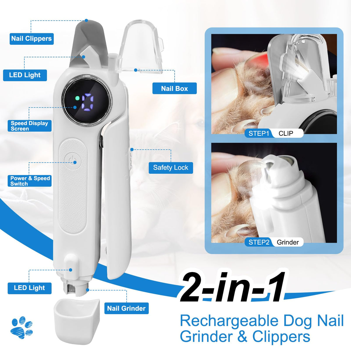 2-in-1 Dog Nail Clippers & Grinder with LED Light I71146