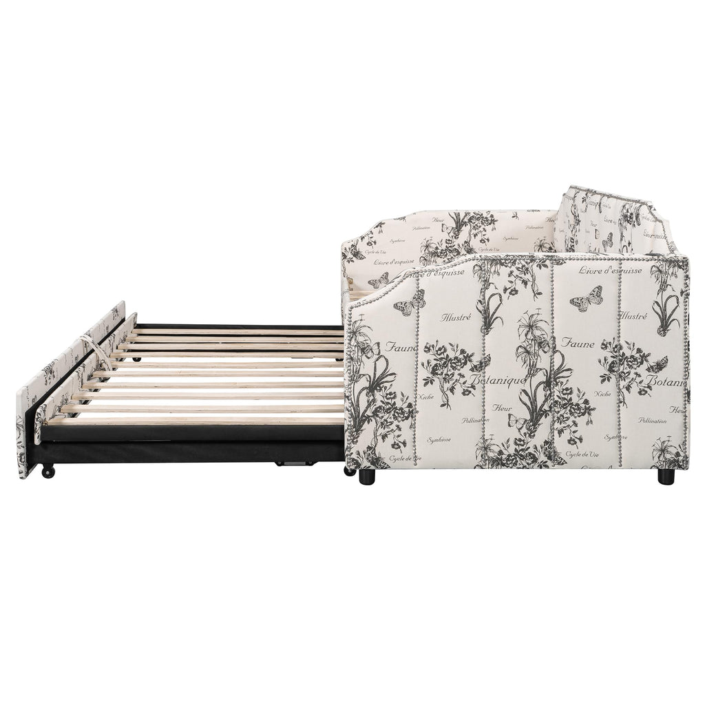 White Linen Upholstered Twin Size Daybed with Pop-Up Trundle H289