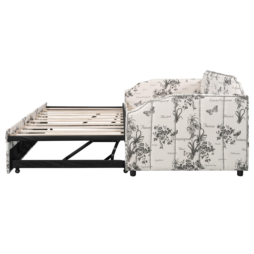 White Linen Upholstered Twin Size Daybed with Pop-Up Trundle H289