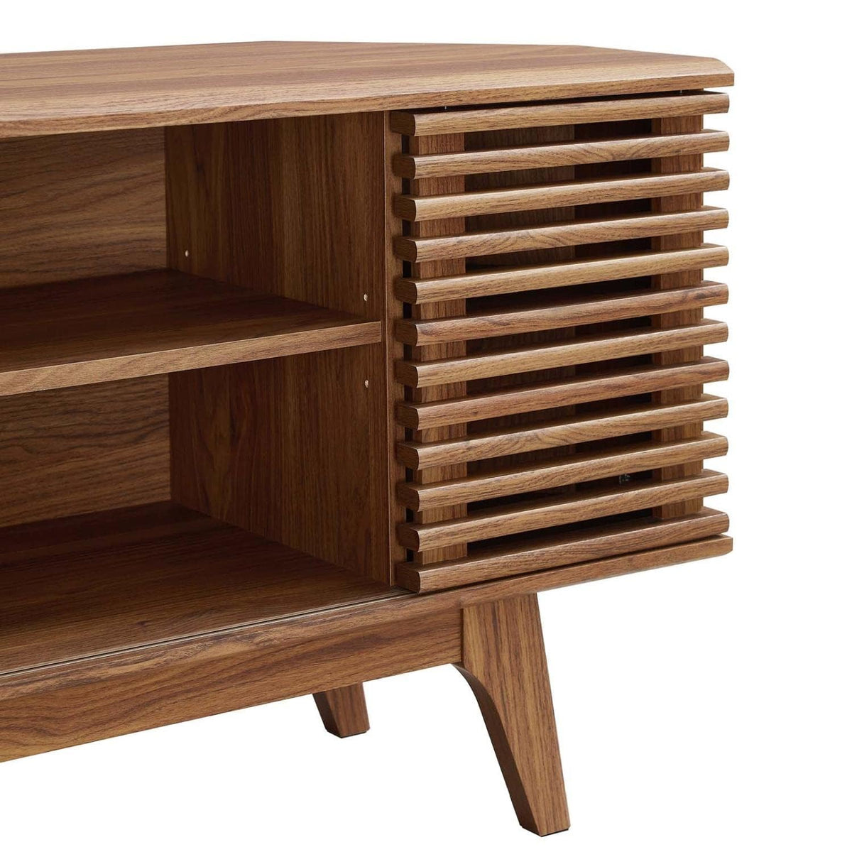 46 in Walnut Corner TV Stand with Sliding Doors I7093