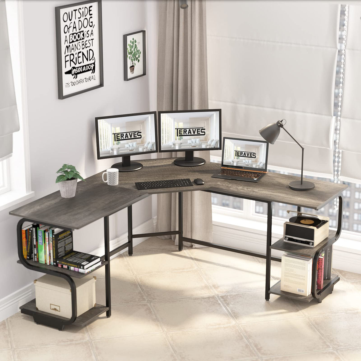 L Shaped Desk with Shelves B9690