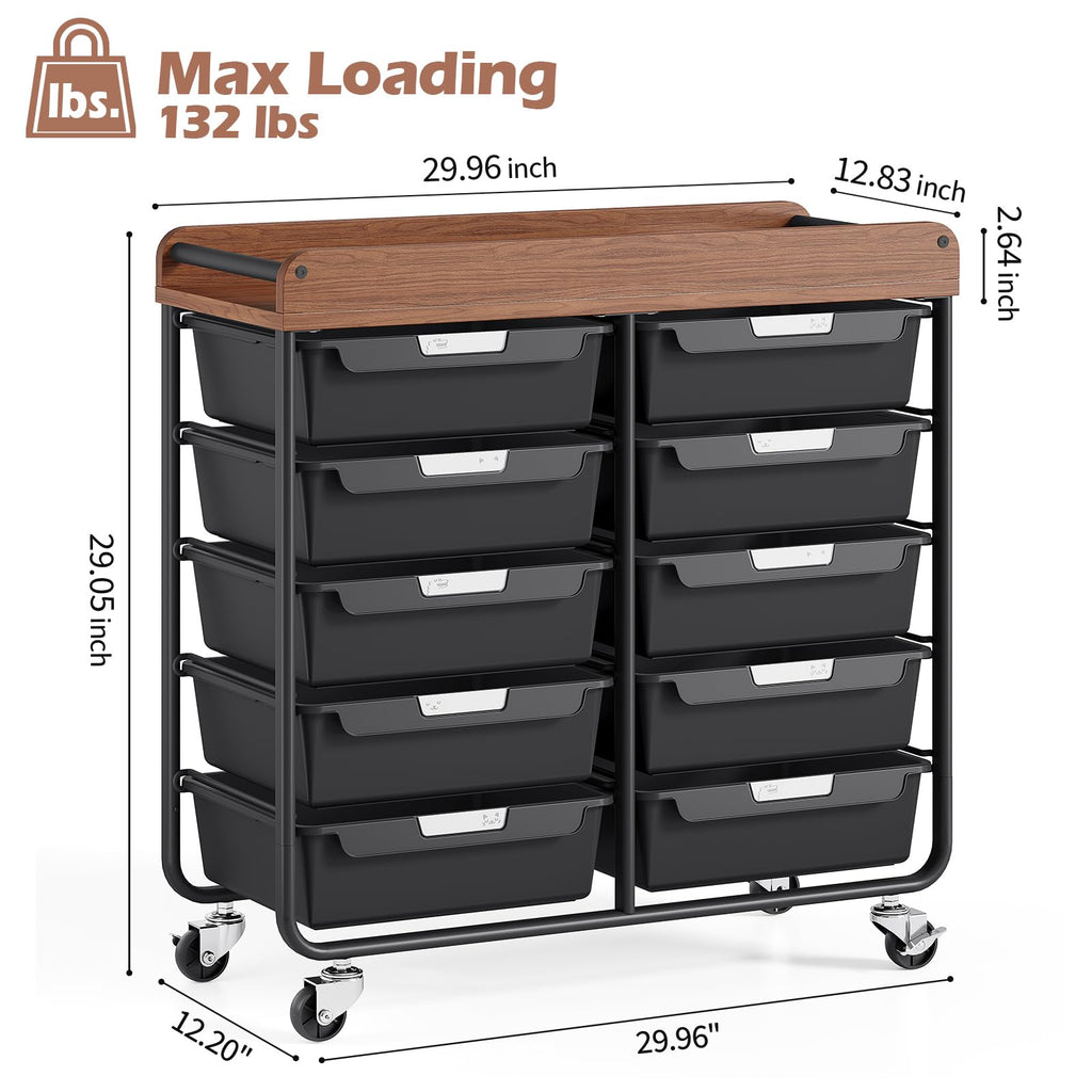 10 Drawer Rolling Storage Cart with Wooden Tabletop K55380