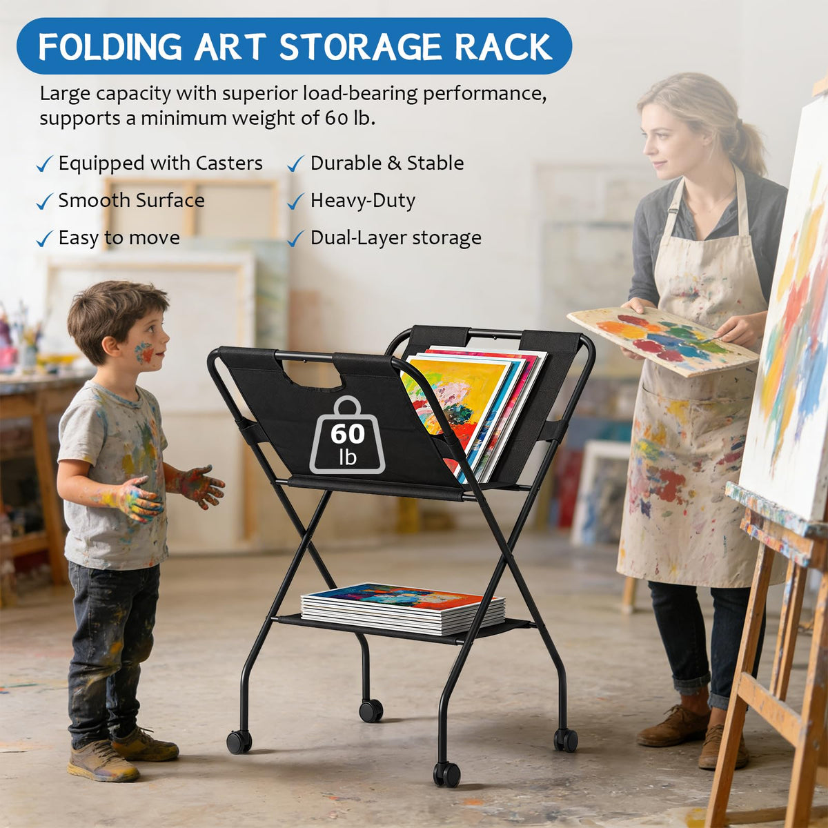 Folding Canvas Art Print Storage Rack with Caster Wheels V242