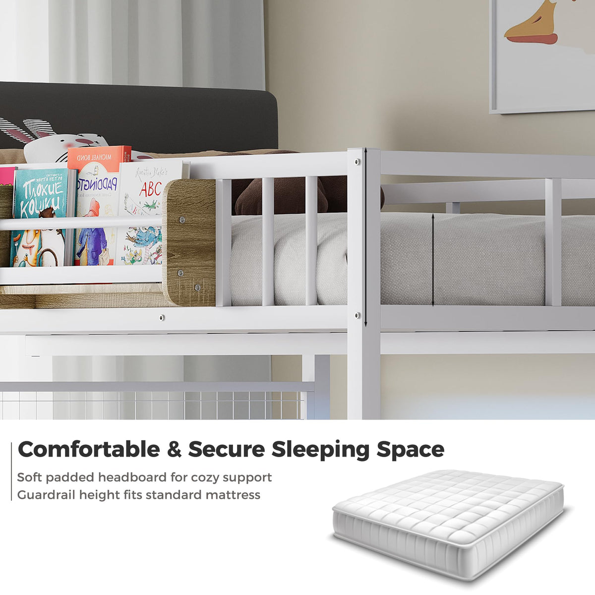Full Over Twin L-Shaped Metal Loft Bunk Bed with Desk, Stairs, Drawers, Shelves, Charging Station and LED Light I289