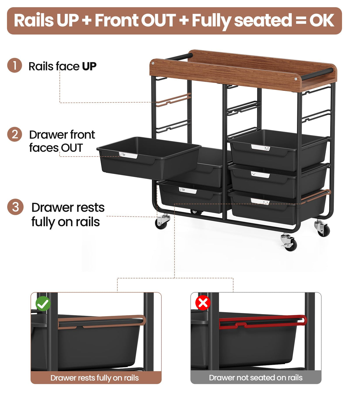 10 Drawer Rolling Storage Cart with Wooden Tabletop K55380