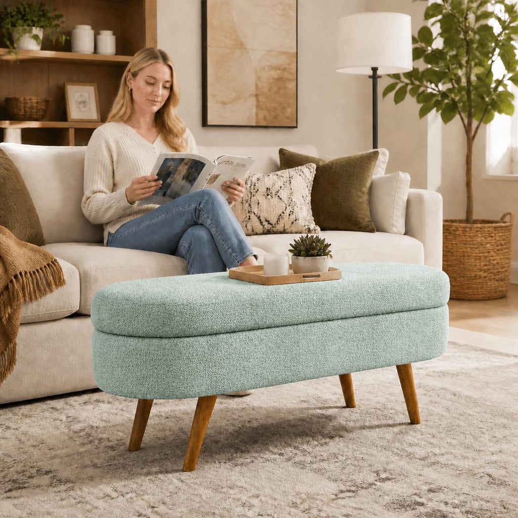 Cream Oval Boucle Storage Ottoman with Wooden Legs W7001
