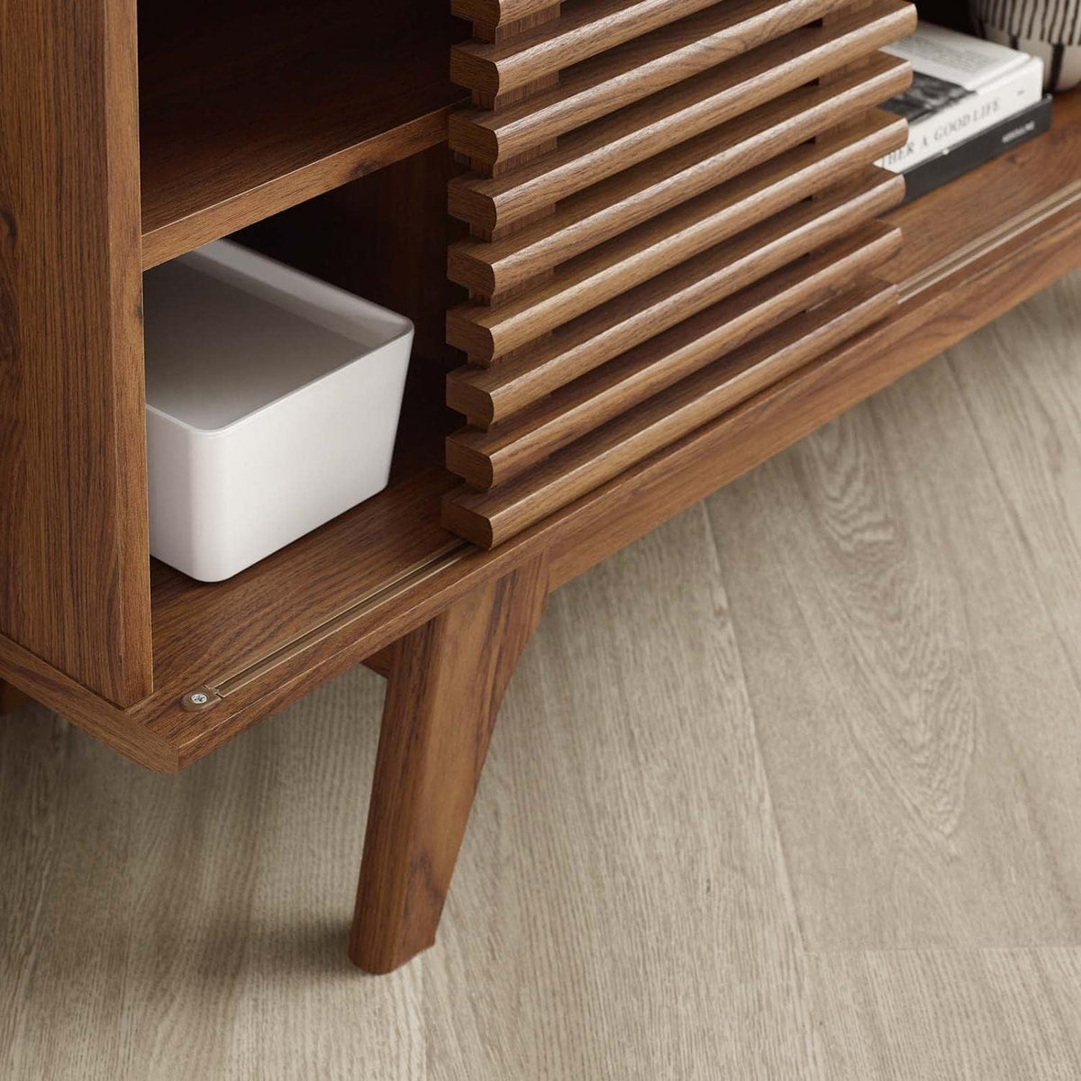 46 in Walnut Corner TV Stand with Sliding Doors I7093