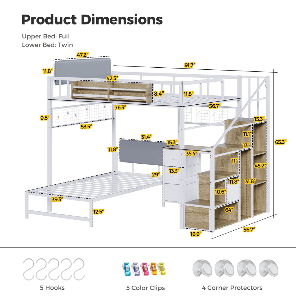 Full Over Twin L-Shaped Metal Loft Bunk Bed with Desk, Stairs, Drawers, Shelves, Charging Station and LED Light I289