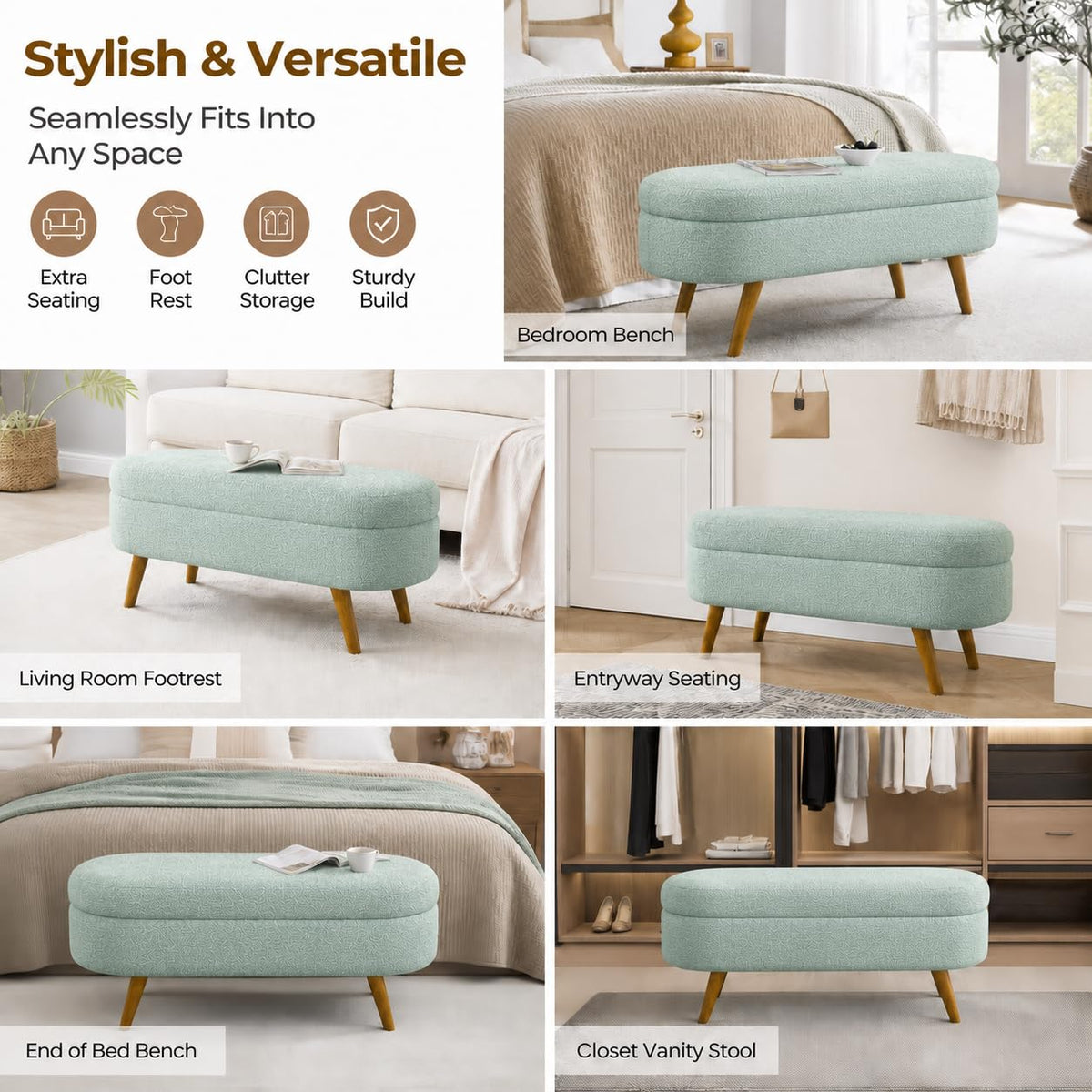 Cream Oval Boucle Storage Ottoman with Wooden Legs W7001